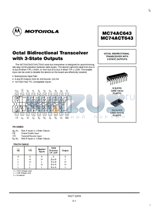 MC74ACT643N datasheet - OCTAL BIDIRECTIONAL TRANSCEIVER WITH 3-STATE OUTPUTS