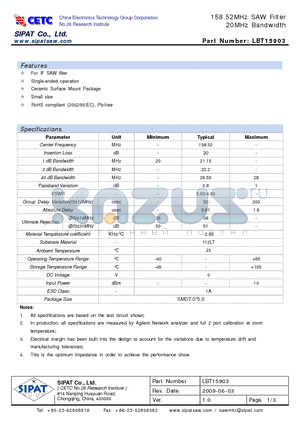 LBT15903 datasheet - 158.52MHz SAW Filter 20MHz Bandwidth