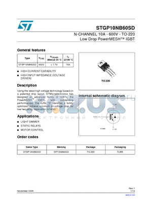 GP10NB60SD datasheet - N-CHANNEL 10A - 600V - TO-220 Low Drop PowerMESH TM IGBT