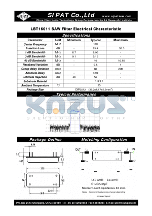 LBT16011 datasheet - SAW Filter Electrical Characteristic