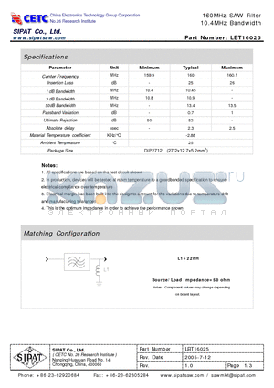 LBT16025 datasheet - 160MHz SAW Filter 10.4MHz Bandwidth