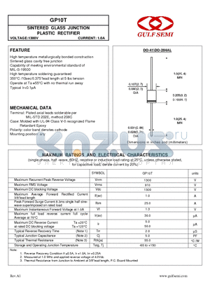 GP10T datasheet - SINTERED GLASS JUNCTION PLASTIC RECTIFIER VOLTAGE:1300V CURRENT: 1.0A