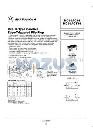 MC74ACT74 datasheet - DUAL D-TYPE POSITIVE EDGE-TRIGGERED FLIP-FLOP