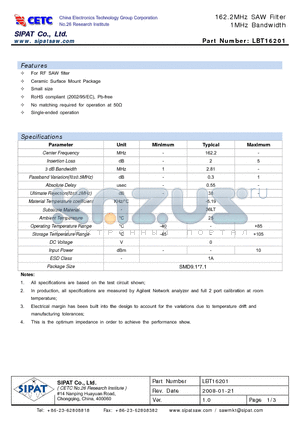 LBT16201 datasheet - 162.2MHz SAW Filter 1MHz Bandwidth