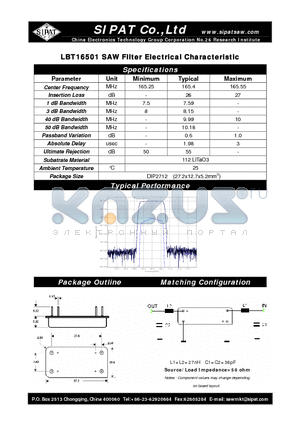 LBT16501 datasheet - SAW Filter Electrical Characteristic