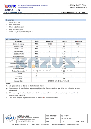 LBT16505 datasheet - 165MHz SAW Filter 7MHz Bandwidth