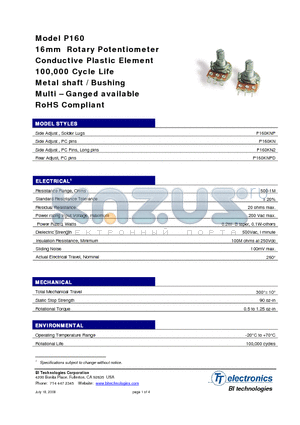 P160KNP-0EB20B100K datasheet - 16mm Rotary Potentiometer Conductive Plastic Element 100,000 Cycle Life Metal shaft / Bushing Multi