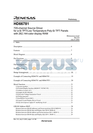 HD66781 datasheet - 720-channel Source Driver for a-Si TFT/Low Temperature Poly-Si TFT Panels with 262,144-color display RAM