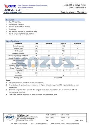 LBT41302 datasheet - 414.5MHz SAW Filter 2MHz Bandwidth