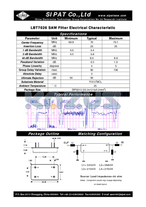 LBT7026 datasheet - SAW Filter Electrical Characteristic