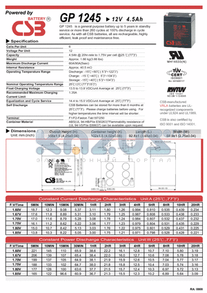 GP1245 datasheet - general purpose battery up to 5