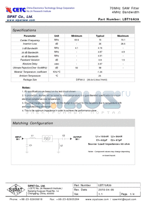 LBT70A39_10 datasheet - 70MHz SAW Filter 70MHz SAW Filter