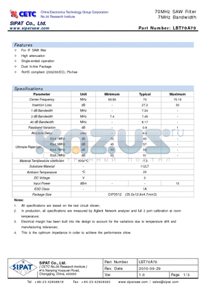 LBT70A70 datasheet - 70MHz SAW Filter 7MHz Bandwidth