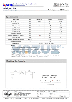 LBT70A01 datasheet - 70MHz SAW Filter 4.75MHz Bandwidth