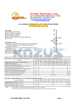 GP15-04R datasheet - 1.5A GENERAL PURPOSE PLASTIC SILICON RECTIFIER