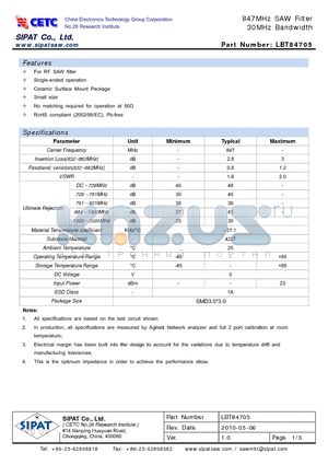 LBT84705 datasheet - 847MHz SAW Filter 30MHz Bandwidth