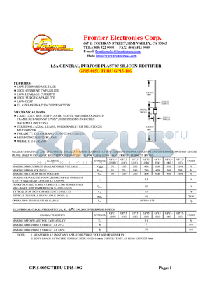 GP15-005G datasheet - 1.5A GENERAL PURPOSE PLASTIC SILICON RECTIFIER