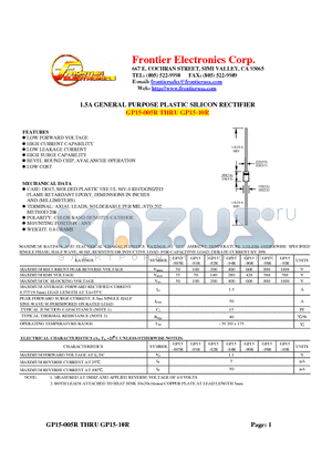 GP15-01R datasheet - 1.5A GENERAL PURPOSE PLASTIC SILICON RECTIFIER