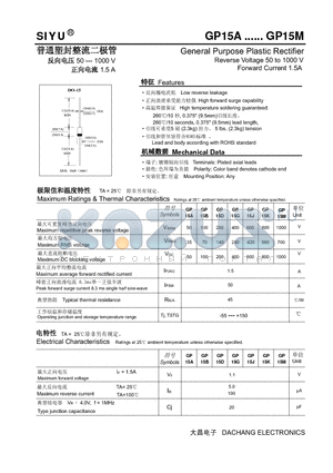 GP15B datasheet - General Purpose Plastic Rectifier Reverse Voltage 50 to 1000 V Forward Current 1.5A