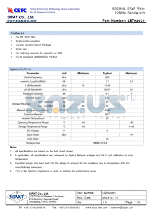 LBT92001 datasheet - 920MHz SAW Filter 10MHz Bandwidth