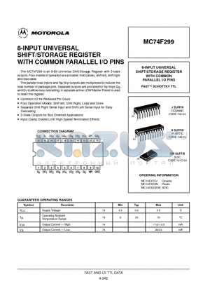 MC74F299DW datasheet - 8-INPUT UNIVERSAL SHIFT/STORAGE REGISTER WITH COMMON PARALLEL I/O PINS