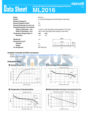 ML2016 datasheet - Lithium Manganese Dioxide Rechargeable Batteries