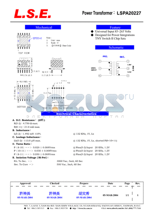 LSPA20227 datasheet - POWER TRANSFORMER
