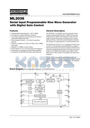 ML2036 datasheet - Serial Input Programmable Sine Wave Generator with Digital Gain Control