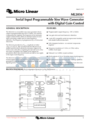 ML2036 datasheet - Serial Input Programmable Sine Wave Generator with Digital Gain Control