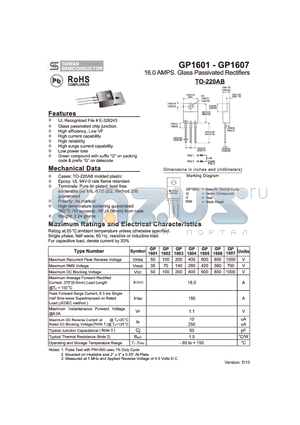 GP1601 datasheet - 16.0 AMPS. Glass Passivated Rectifiers