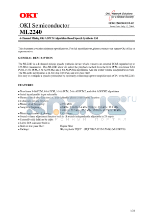 ML2240TB datasheet - 4-Channel Mixing Oki ADPCM Algorithm-Based Speech Synthesis LSI