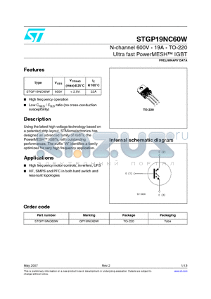 GP19NC60W datasheet - N-channel 600V - 19A - TO-220 Ultra fast PowerMESH  IGBT