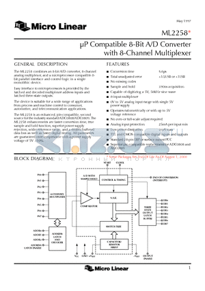 ML2258 datasheet - lP Compatible 8-Bit A/D Converter with 8-Channel Multiplexer