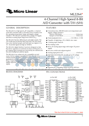 ML2264CCP datasheet - 4-Channel High-Speed 8-Bit A/D Converter with T/H (S/H)