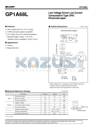 GP1A68L datasheet - Low Voltage Driven Low Current Consumption Type OPIC Photointerrupter