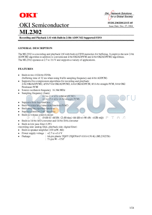 ML2302 datasheet - Recording and Playback LSI with Built-in 2-Bit ADPCM2 Supported FIFO
