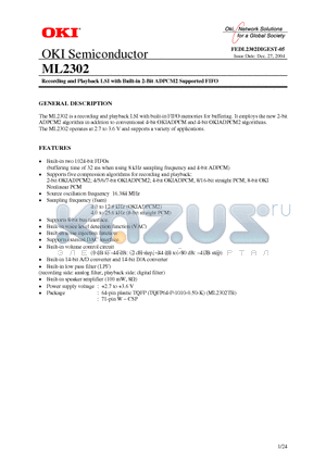 ML2302TB datasheet - Recording and Playback LSI with Built-in 2-Bit ADPCM2 Supported FIFO