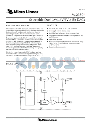 ML2330ES-3 datasheet - Selectable Dual 3V/3.3V/5V 8-Bit DACs