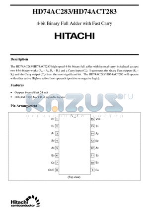 HD74AC283 datasheet - 4-bit Binary Full Adder with Fast Carry