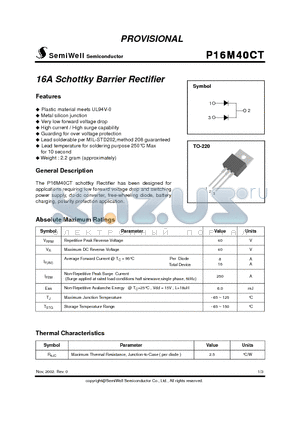 P16M40CT datasheet - 16A Schottky Barrier Rectifier