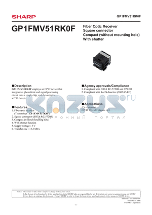 GP1FMV51RK0F datasheet - Fiber Optic Receiver Square connector Compact (without mounting hole) With shutter