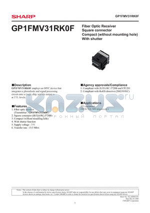 GP1FMV31RK0F datasheet - Fiber Optic Receiver Square connector Compact (without mounting hole) With shutter