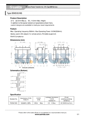 EEH2013MS datasheet - General Power Transformer <Pin Type:EEH Series>