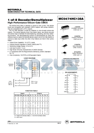 MC74HC138A datasheet - 1-OF-8 DECODER / DEMULTIPLEXER