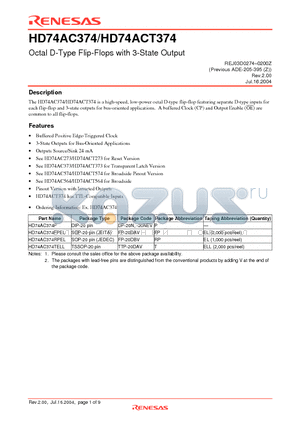 HD74AC374FPEL datasheet - Octal D-Type Flip-Flops with 3-State Output