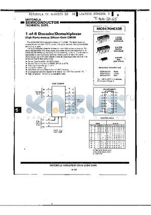 MC74HC138D datasheet - 1-of-8 Decoder / Demultiplexer High-Performance Silicon-Gate CMOS