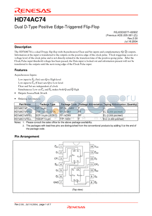 HD74AC74P datasheet - Dual D-Type Positive Edge-Triggered Flip-Flop