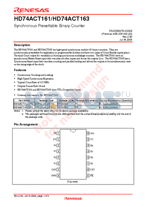 HD74ACT161FPEL datasheet - Synchronous Presettable Binary Counter