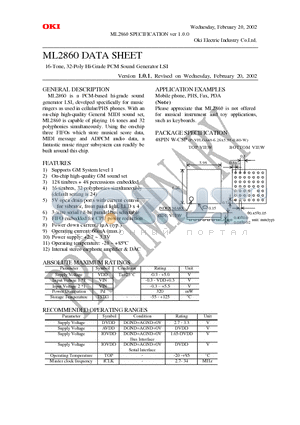 ML2860 datasheet - 16-Tone, 32-Poly Hi-Grade PCM Sound Generator LSI