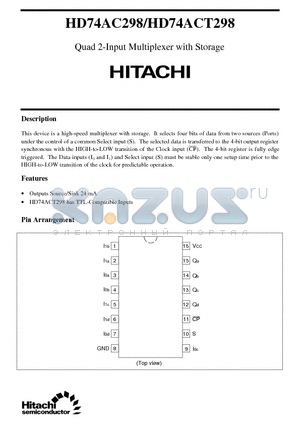 HD74ACT298 datasheet - Quad 2-Input Multiplexer with Storage